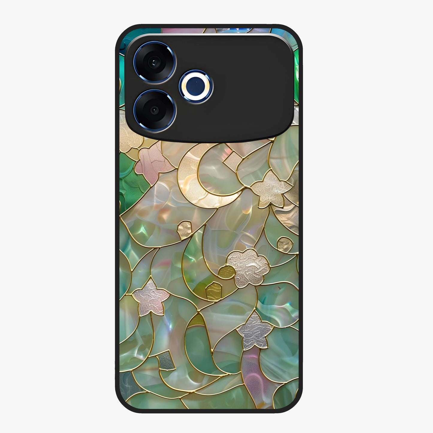 Stained Sunrise Glow Glass Case showing flat back view with glowing sunrise stained pattern artwork and glossy glass finish.