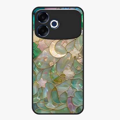 Stained Sunrise Glow Glass Case showing flat back view with glowing sunrise stained pattern artwork and glossy glass finish.
