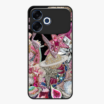 Starlit Jewel Dream Glass Case showing flat back view with sparkling jewel and star themed artwork and glossy glass finish.