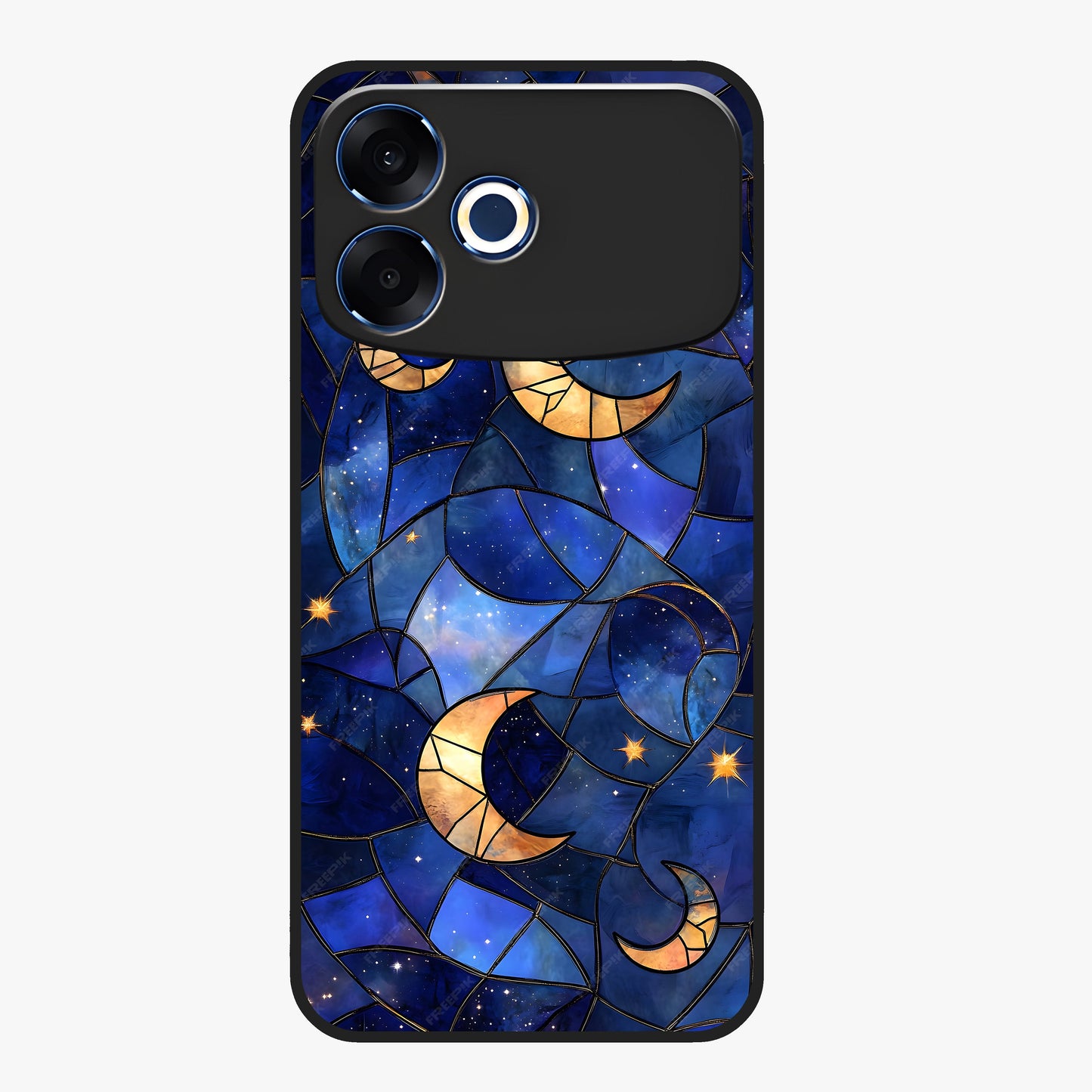 Starlit Sky Tapestry Glass Case showing flat back view with decorative starry sky tapestry artwork and glossy glass finish.