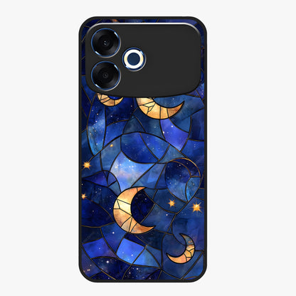 Starlit Sky Tapestry Glass Case showing flat back view with decorative starry sky tapestry artwork and glossy glass finish.