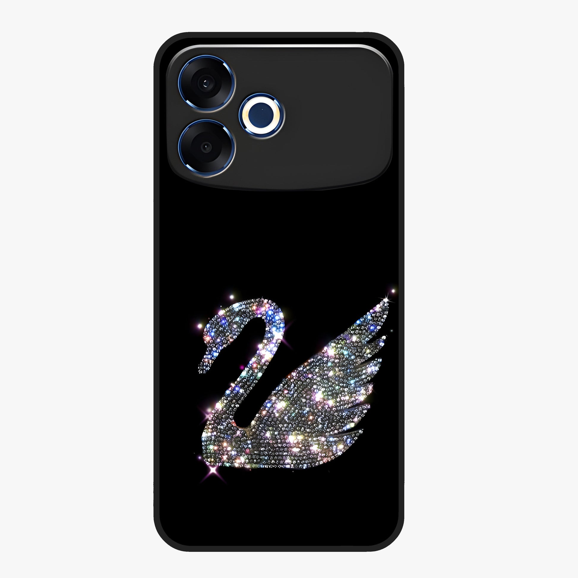 Starlit Swan Grace Glass Case showing flat back view with graceful swan artwork under starry sky and glossy glass finish.