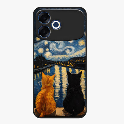 Starry River Cats Glass Case showing flat back view with cats by a starry river artwork and glossy glass finish.