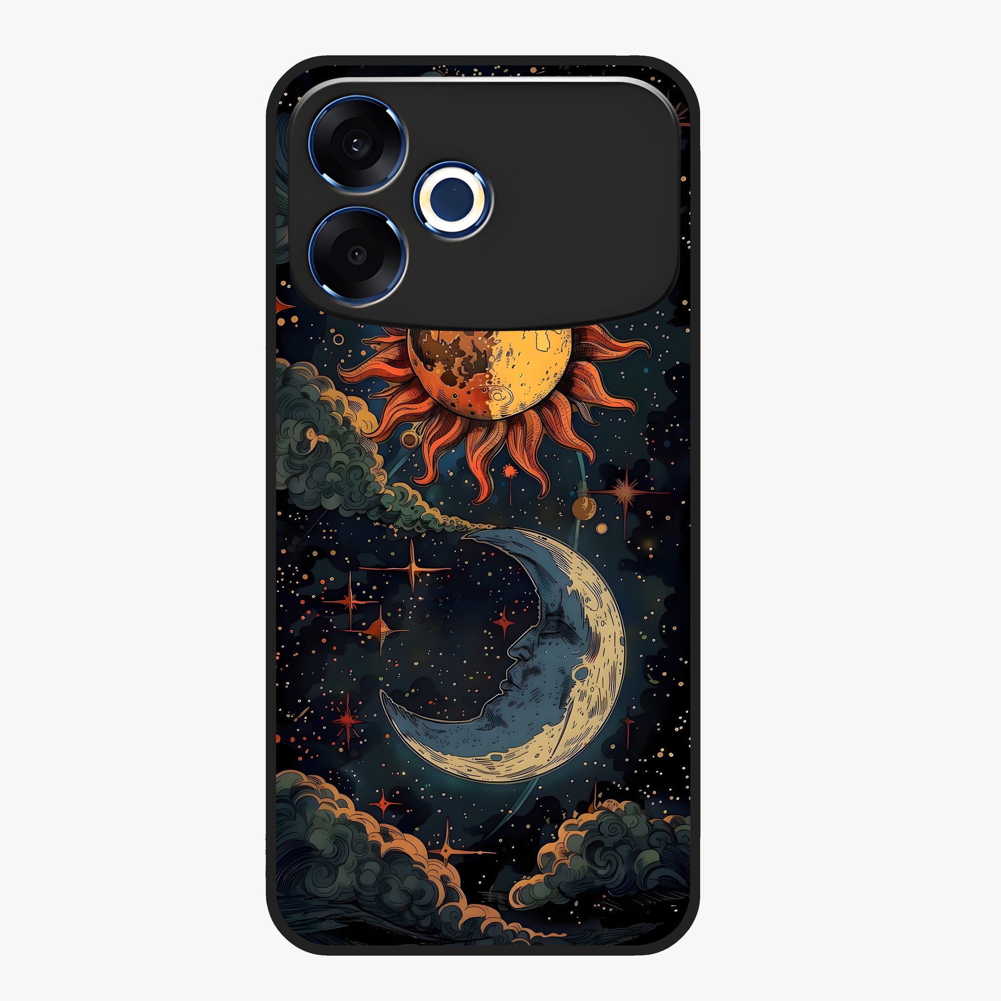 Sun And Moon Magic Design Glass Case showing flat back view with mystical sun and moon artwork and glossy glass finish.