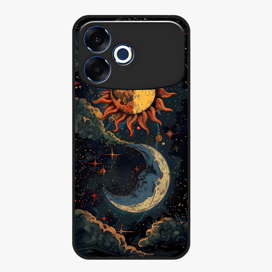 Sun And Moon Magic Design Glass Case showing flat back view with mystical sun and moon artwork and glossy glass finish.