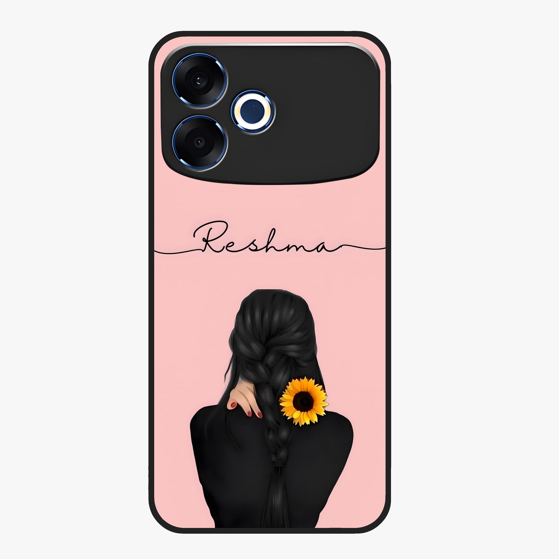Sunflower Braid Beauty With Custom Name Glass Case showing flat back view with sunflower braid artwork and personalized name design.