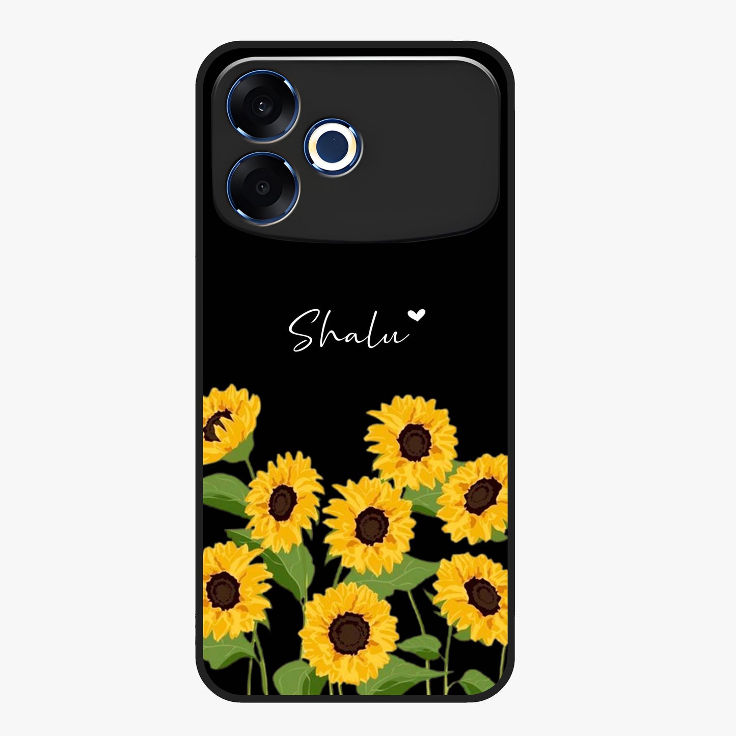 Sunflower Chic Mood Custom Name Glass Case showing flat back view with stylish sunflower artwork and personalized name design.