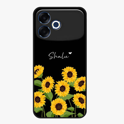 Sunflower Chic Mood Custom Name Glass Case showing flat back view with stylish sunflower artwork and personalized name design.