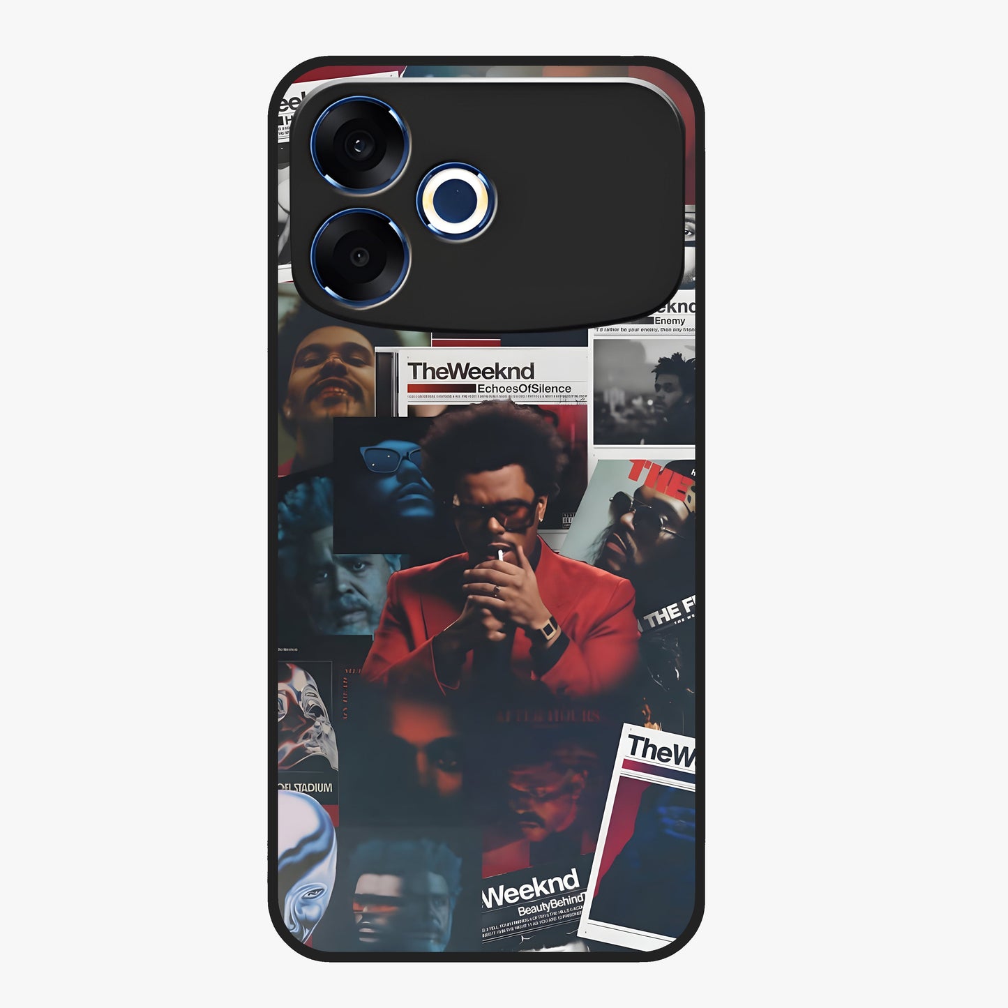 The Weeknd Glass Case showing flat back view with music inspired artistic portrait artwork and glossy glass finish.