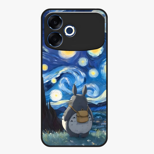 Totoro In Van Gogh Art Glass Case showing flat back view with whimsical character artwork inspired by Van Gogh style and glossy glass finish.