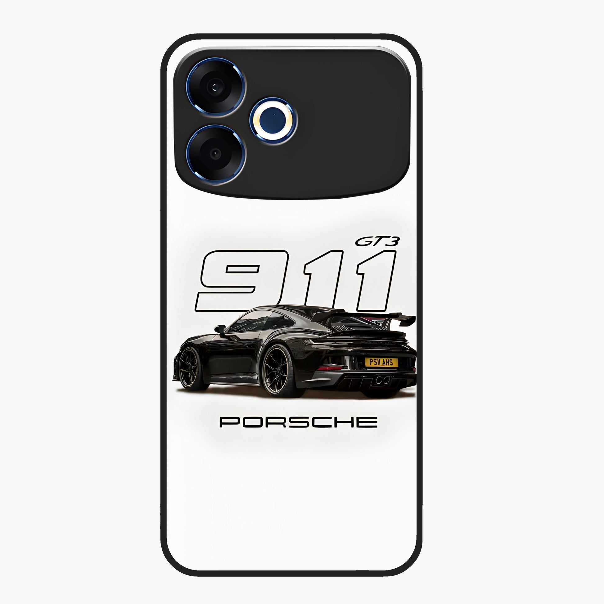 Turbo Legacy Icon Glass Case showing flat back view with iconic sports car inspired artwork and glossy glass finish.