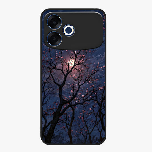 Twilight Sakura Serenade Glass Case showing flat back view with cherry blossom artwork at twilight and glossy glass finish.