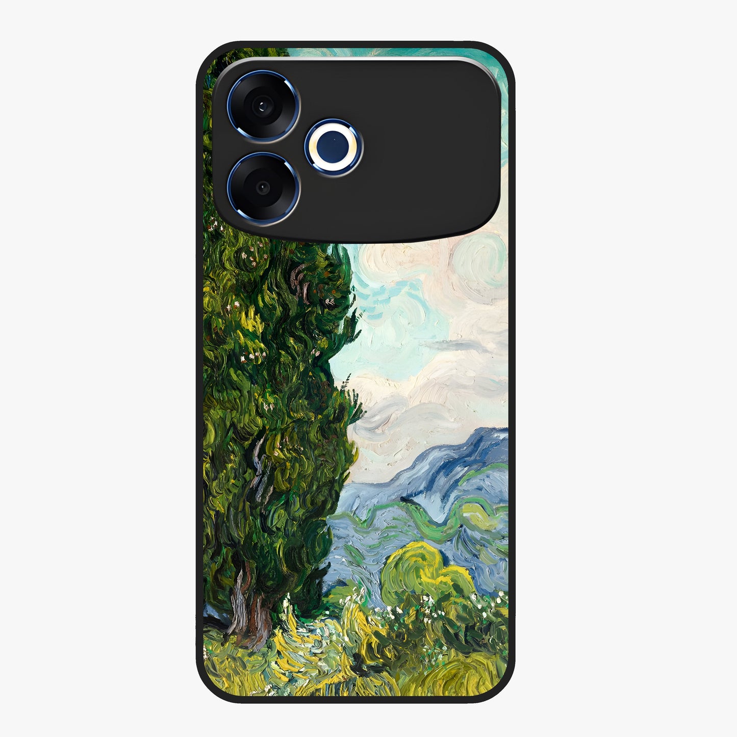 Van Gogh Vintage Art Glass Case showing flat back view with vintage painterly artwork inspired by Van Gogh style and glossy glass finish.