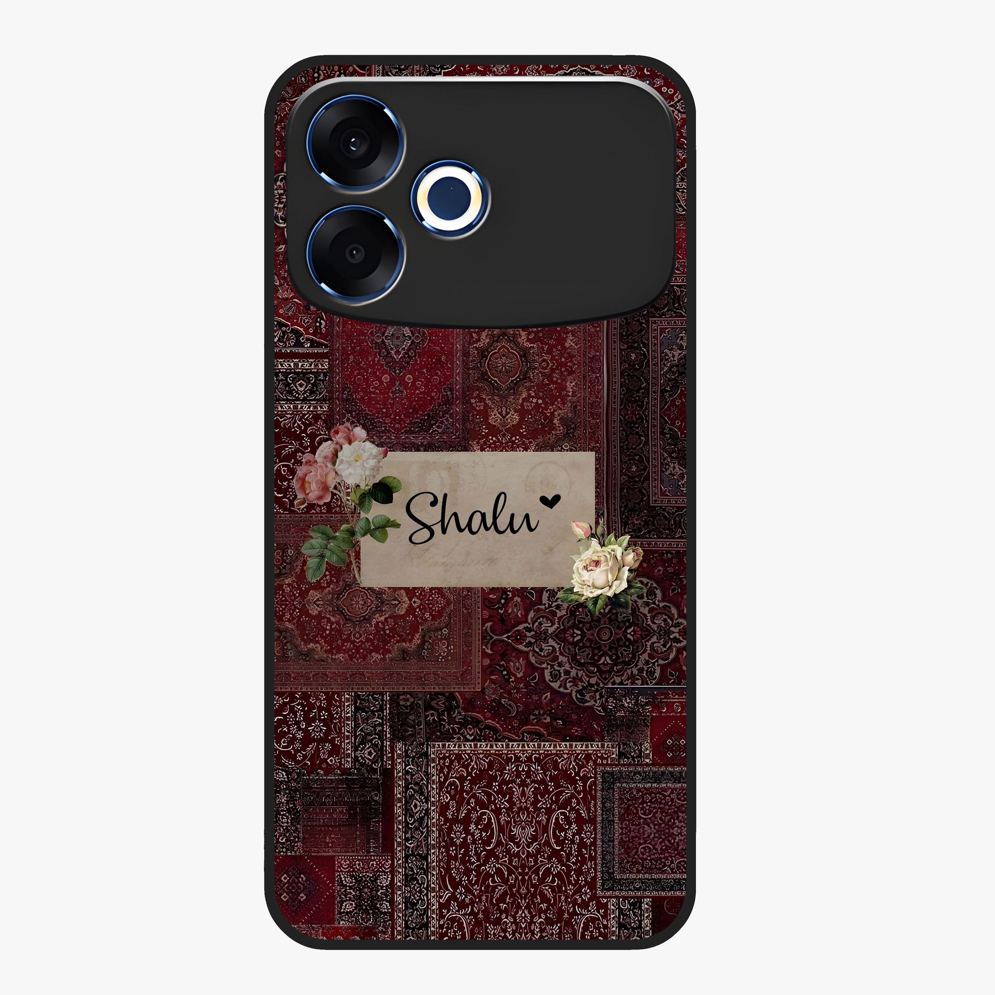 Velvet Wine Pattern Custom Name Glass Case showing flat back view with elegant wine colored pattern artwork and personalized name design.