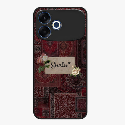 Velvet Wine Pattern Custom Name Glass Case showing flat back view with elegant wine colored pattern artwork and personalized name design.