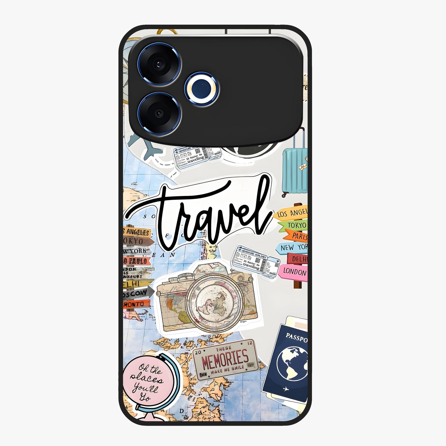 Wanderlust Journal Glass Case showing flat back view with travel inspired artwork and glossy glass finish.