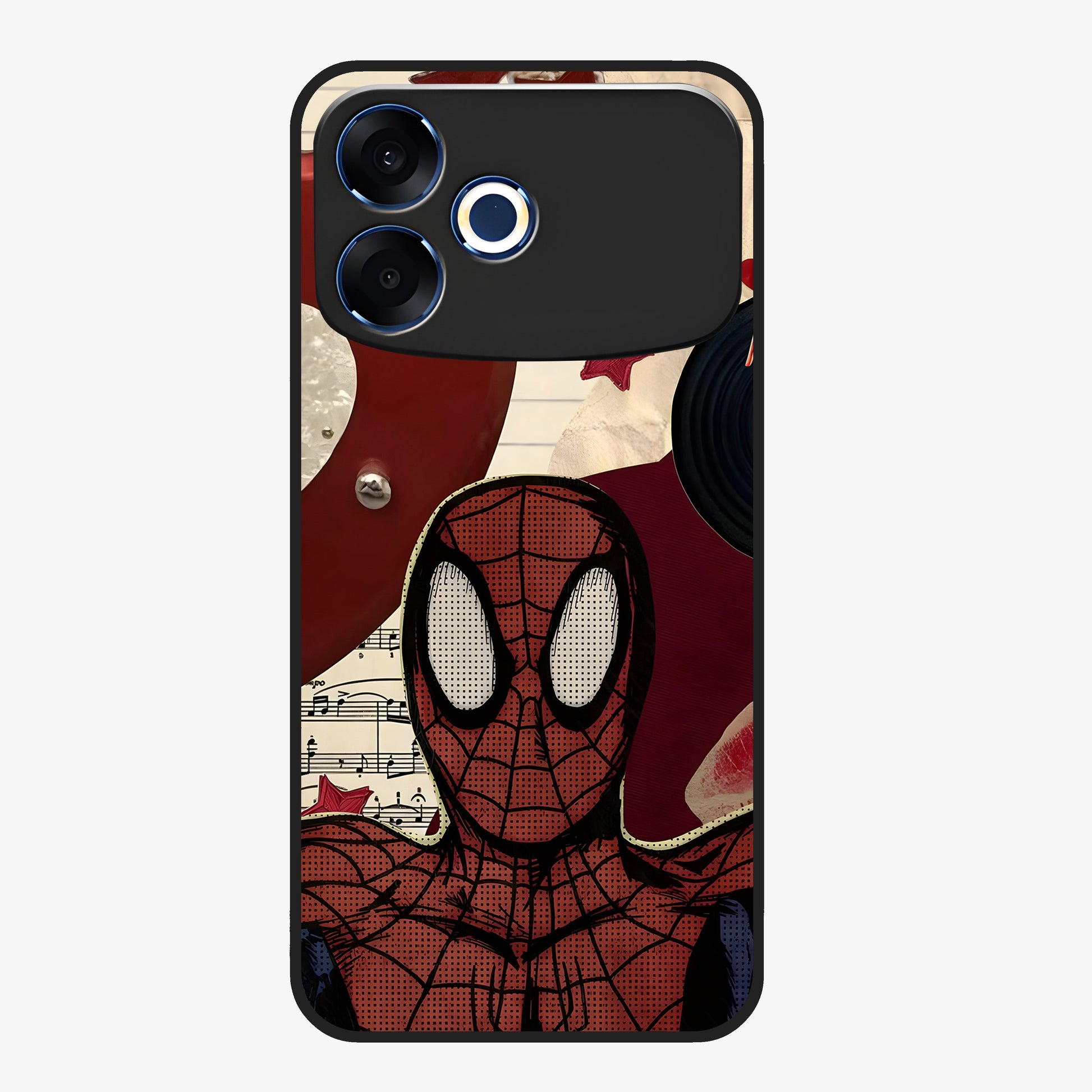 Web Warrior Vibes Glass Case showing flat back view with superhero inspired web themed artwork and glossy glass finish.