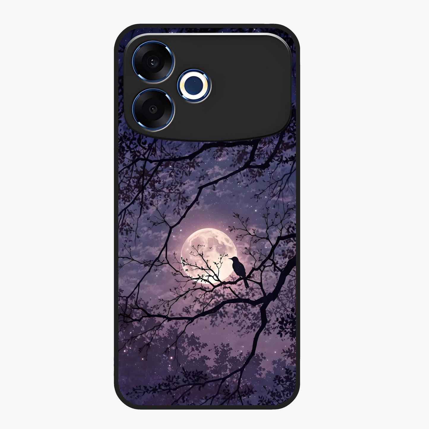 Whispering Moon Silence Glass Case showing flat back view with serene moon themed artwork and glossy glass finish.