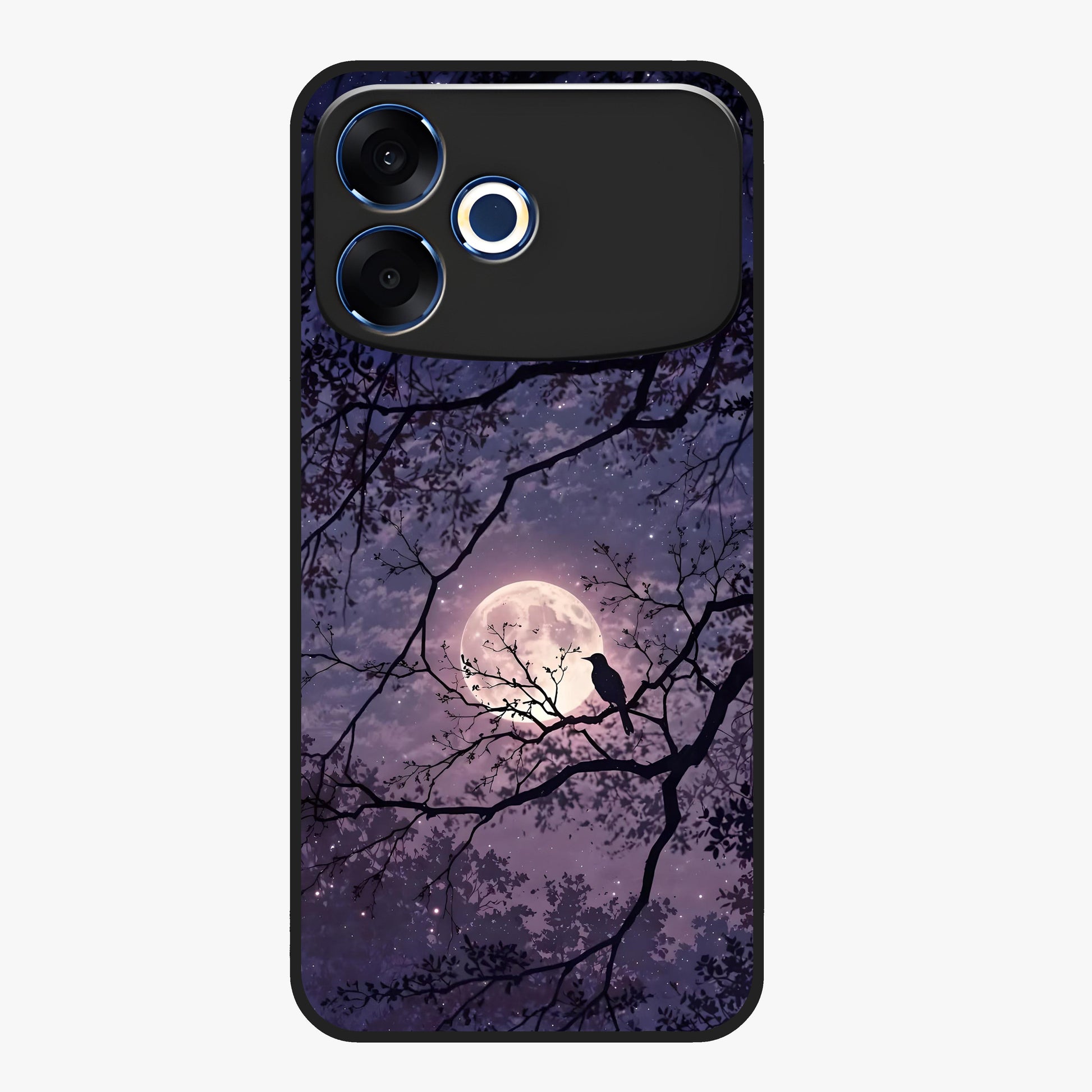 Whispering Moon Silence Glass Case showing flat back view with serene moon themed artwork and glossy glass finish.