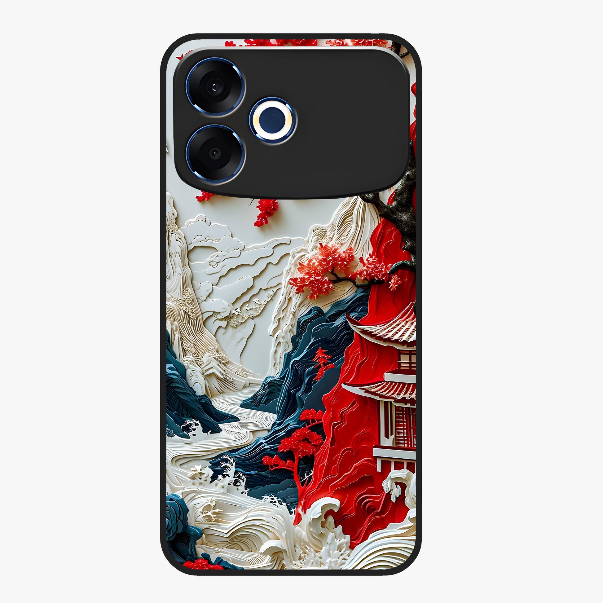 Whispers Of Sakura Waves Glass Case showing flat back view with cherry blossom wave artwork and glossy glass finish.