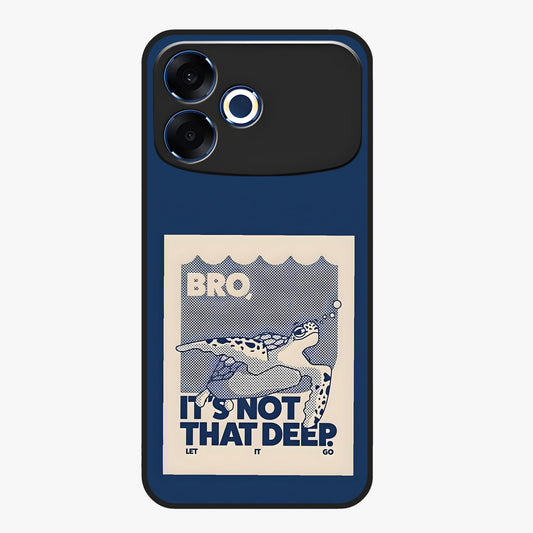Worry Less Swim Glass Case showing flat back view with playful motivational artwork and glossy glass finish.