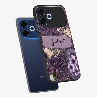 Antique Floral Whisper Custom Name Glass Case displayed in angled mockup highlighting elegant antique floral aesthetic.