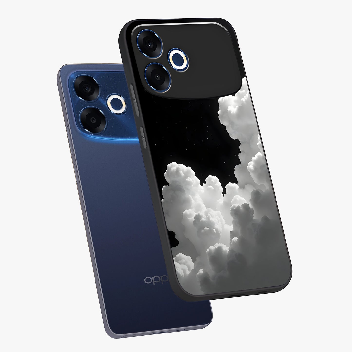 Black Background With White Cloud Glass Case displayed in angled mockup highlighting soft white cloud illustration and minimal design.