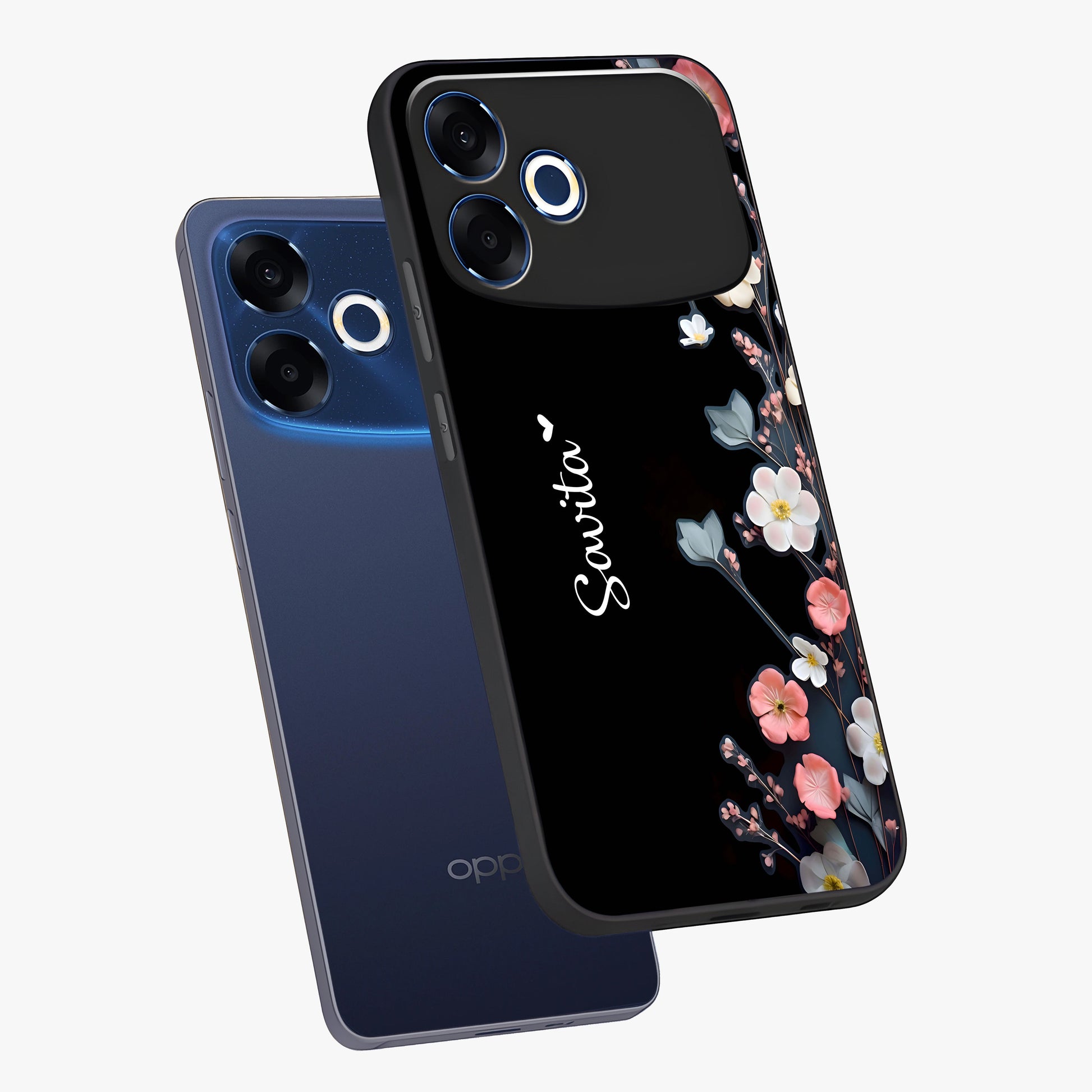 Black Elegance Floral Custom Name Glass Case displayed in angled mockup highlighting dark floral aesthetic and custom name feature.