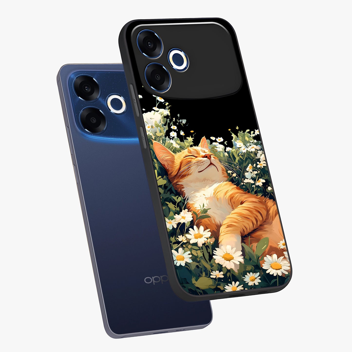 Blissful Bloom Cat Glass Case displayed in angled mockup highlighting playful feline illustration with soft floral aesthetic.