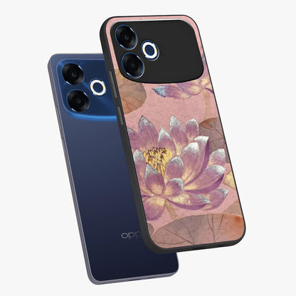 Blossom Mist Lotus Glass Case displayed in angled mockup highlighting delicate lotus illustration with calm aesthetic theme.
