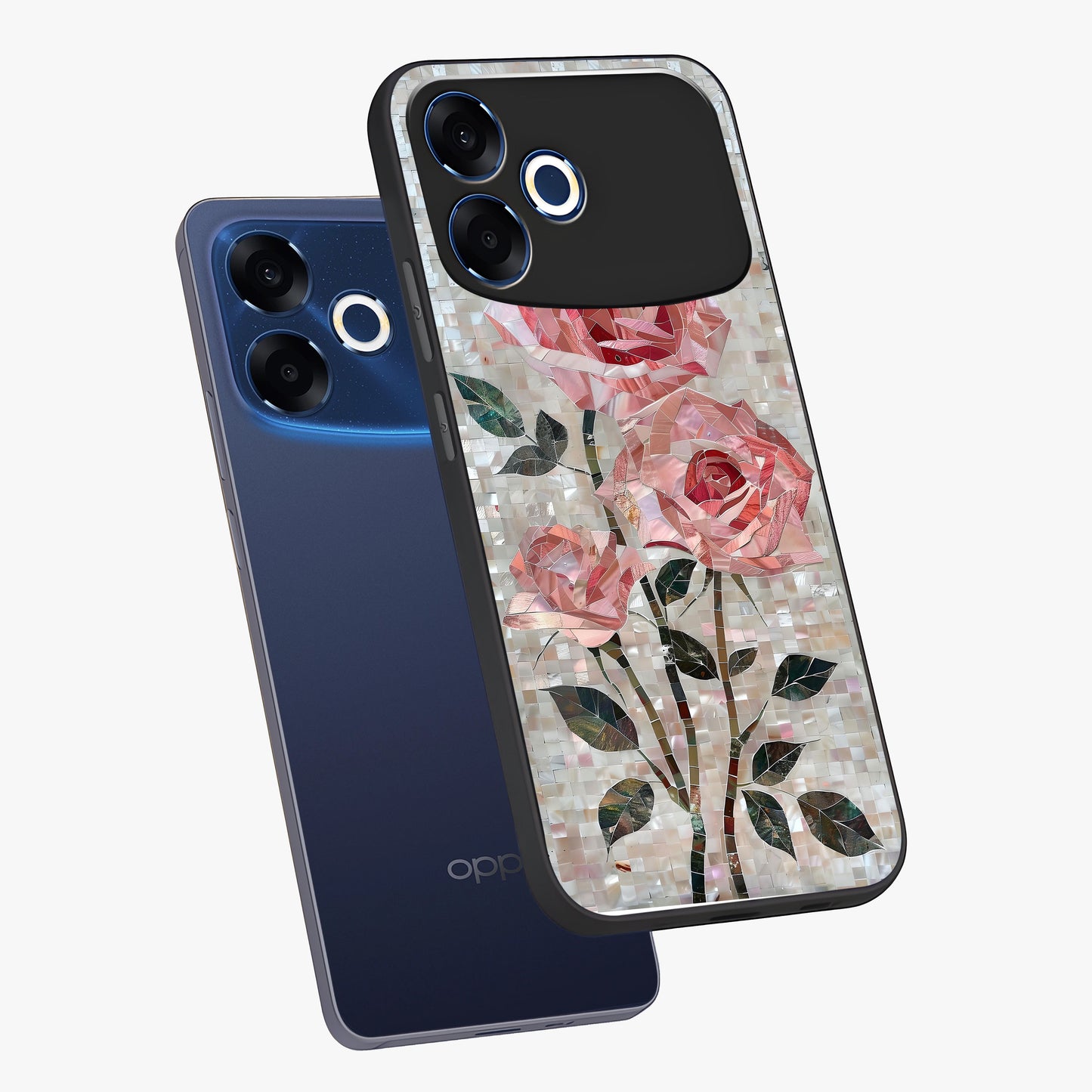 Blush Mosaic Bloom Glass Case displayed in angled mockup highlighting artistic mosaic flower pattern with aesthetic design.