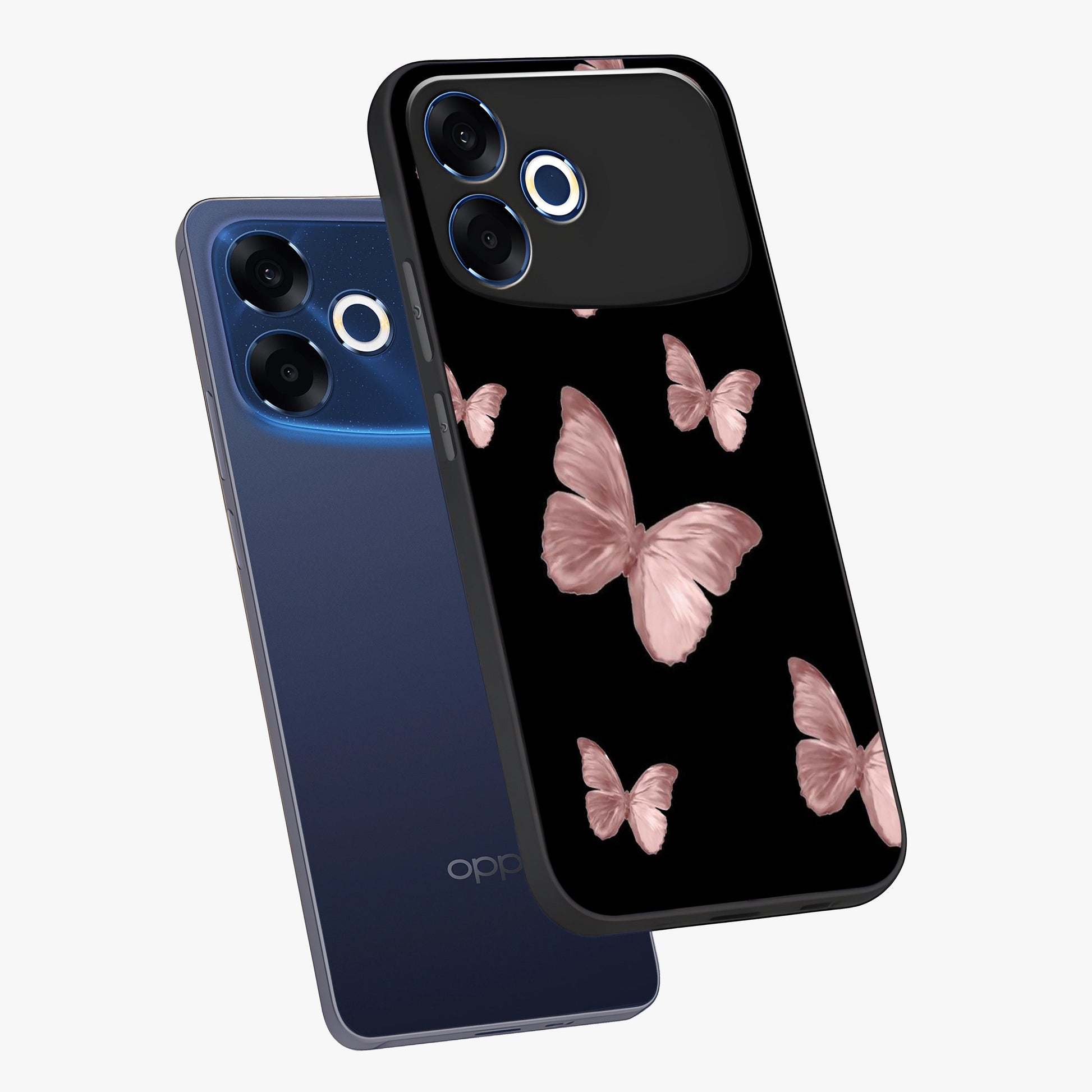Butterfly Pattern Glass Case displayed in angled mockup highlighting delicate butterfly design and aesthetic pattern style.