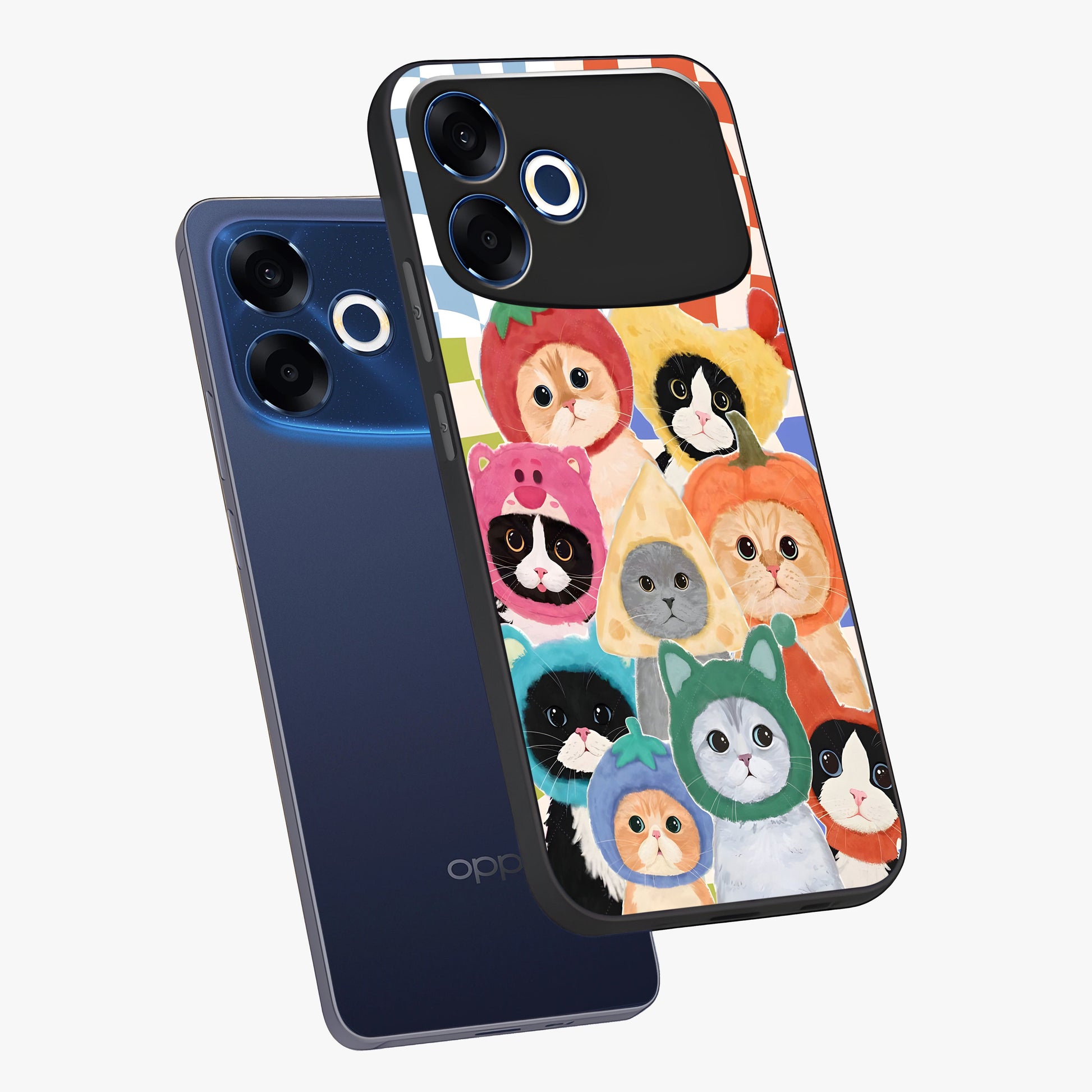 Cats in Fruits Glass Case displayed in angled mockup highlighting cute feline fruit design with colorful aesthetic style.
