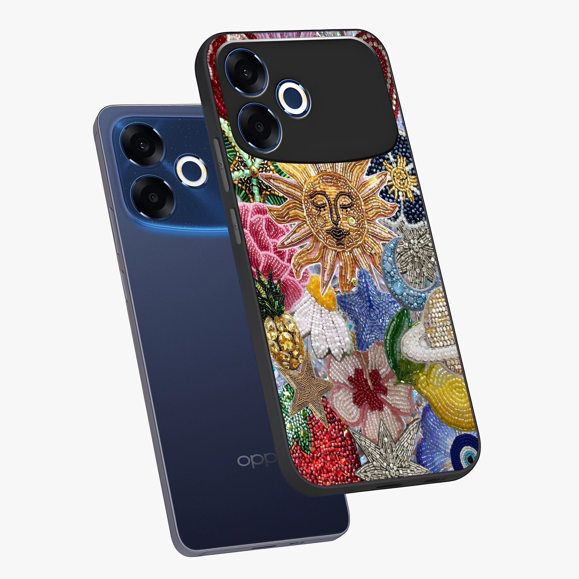 Celestial Floral and Playful Glass Case displayed in angled mockup highlighting playful floral design with dreamy celestial elements.