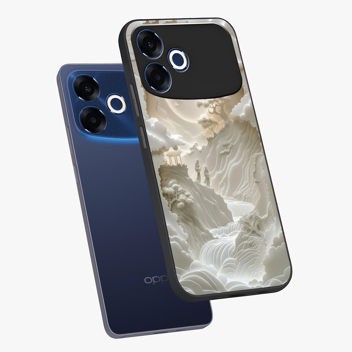 Celestial Origami Glass Case displayed in angled mockup highlighting geometric origami design with cosmic aesthetic theme.