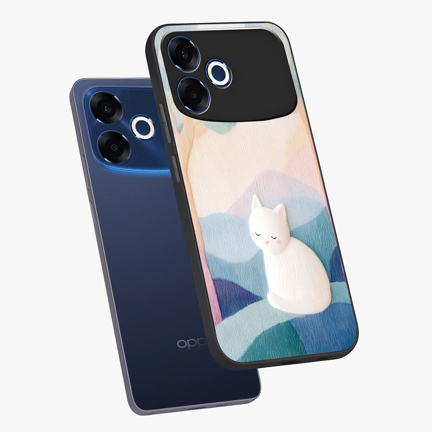 Cotton Dream Cat Glass Case displayed in angled mockup highlighting cute feline illustration with pastel aesthetic style.