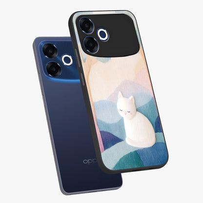 Cotton Dream Cat Glass Case displayed in angled mockup highlighting cute feline illustration with pastel aesthetic style.