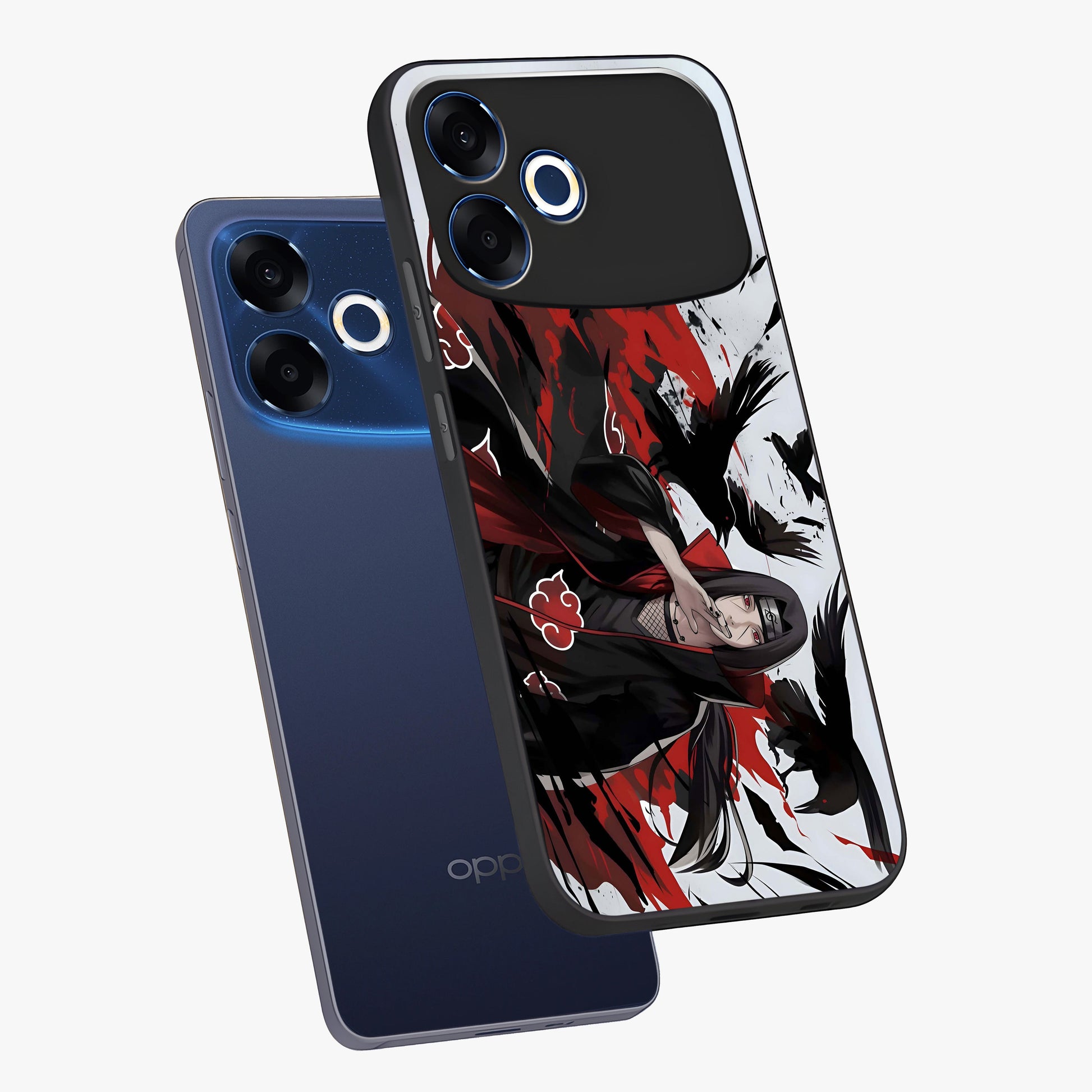 Crimson Crow Illusion Glass Case displayed in angled mockup highlighting mysterious crow graphic with dark aesthetic style.