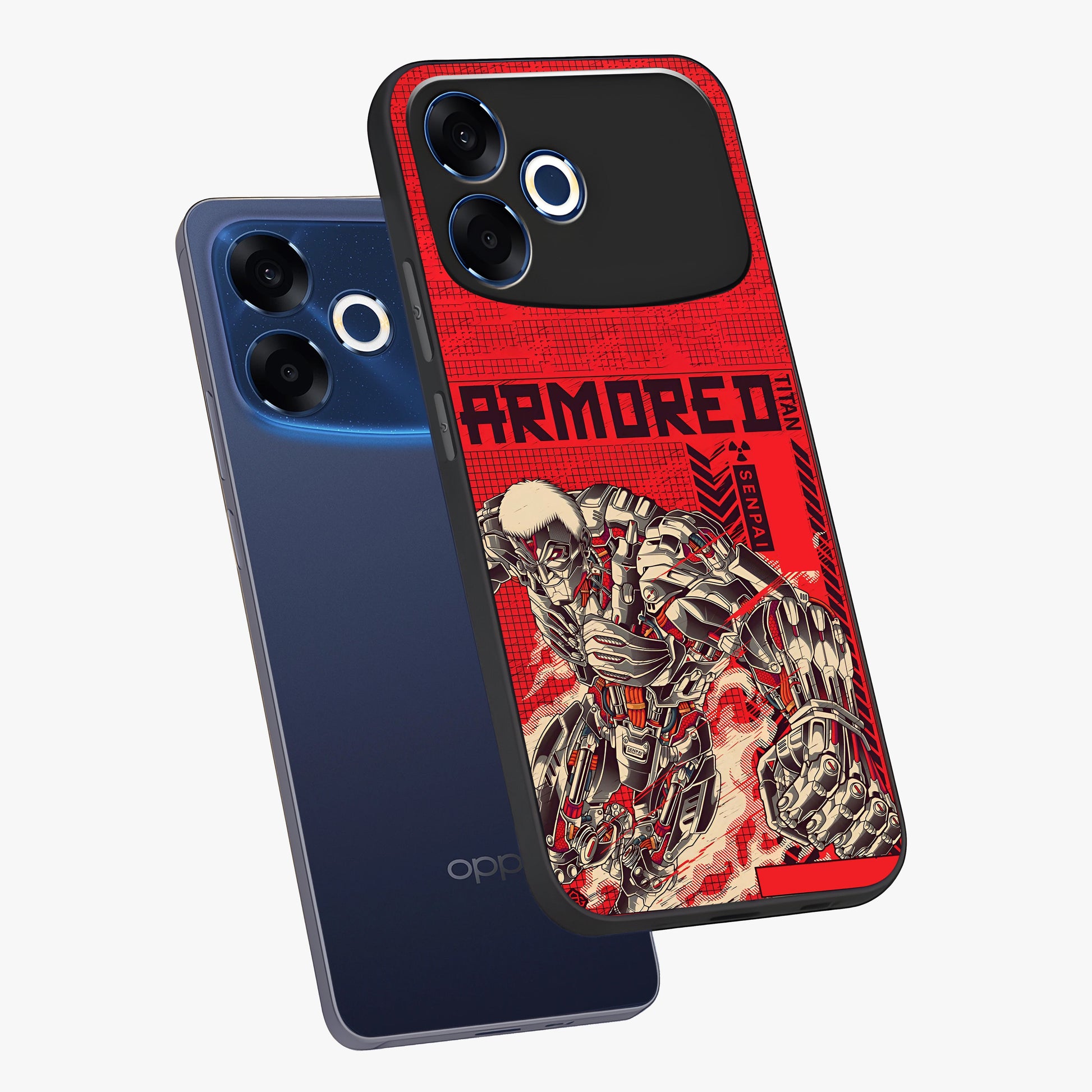 Crimson Mecha Titan Glass Case displayed in angled mockup highlighting futuristic mech illustration with bold crimson aesthetic.