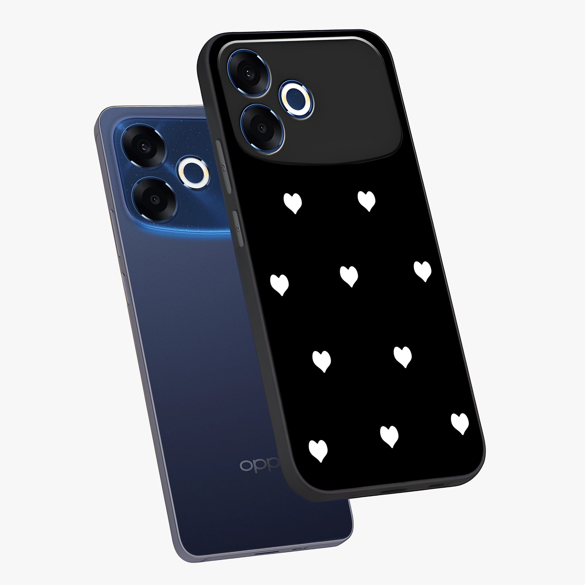 Cute And Simple White Hearts Glass Case displayed in angled mockup highlighting cute heart design with clean aesthetic style.
