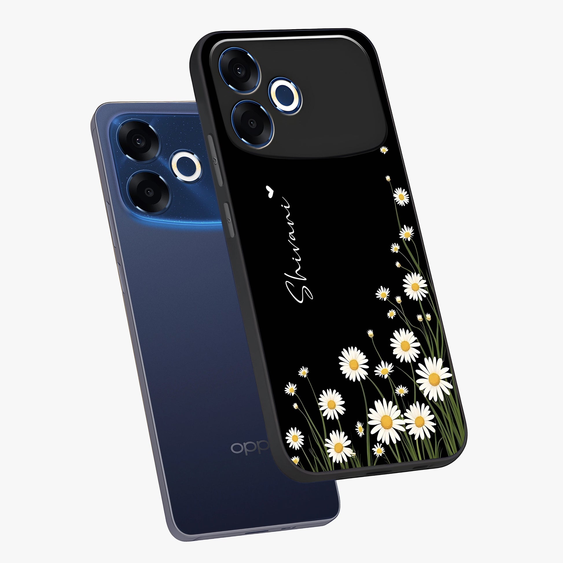 Daisy Cascade Custom Name Glass Case displayed in angled mockup highlighting delicate daisy artwork with custom name feature.