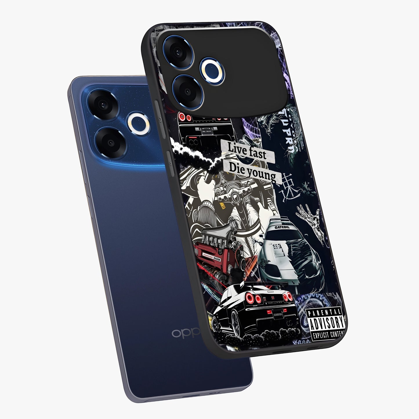 Die Young Glass Case displayed in angled mockup highlighting expressive graphic artwork with edgy aesthetic style.