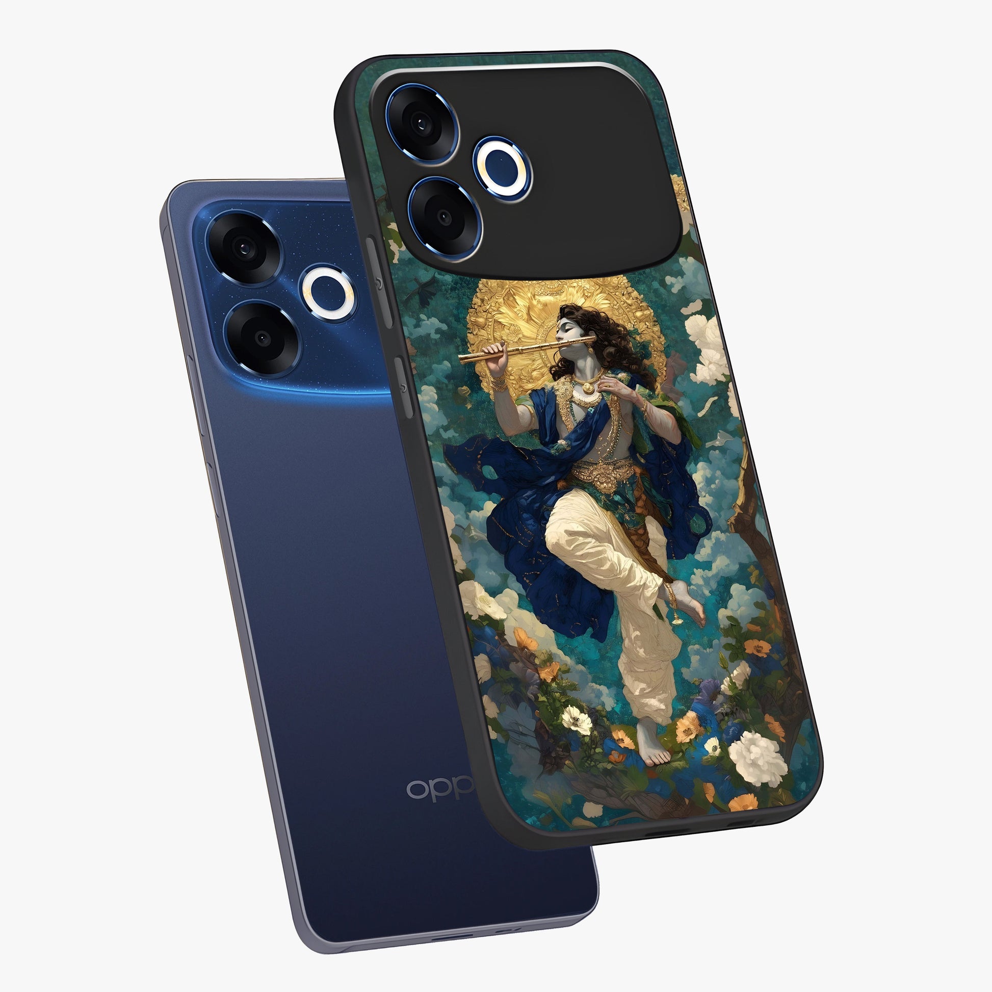Divine Krishna Art Glass Case displayed in angled mockup highlighting spiritual Krishna illustration with devotional aesthetic.