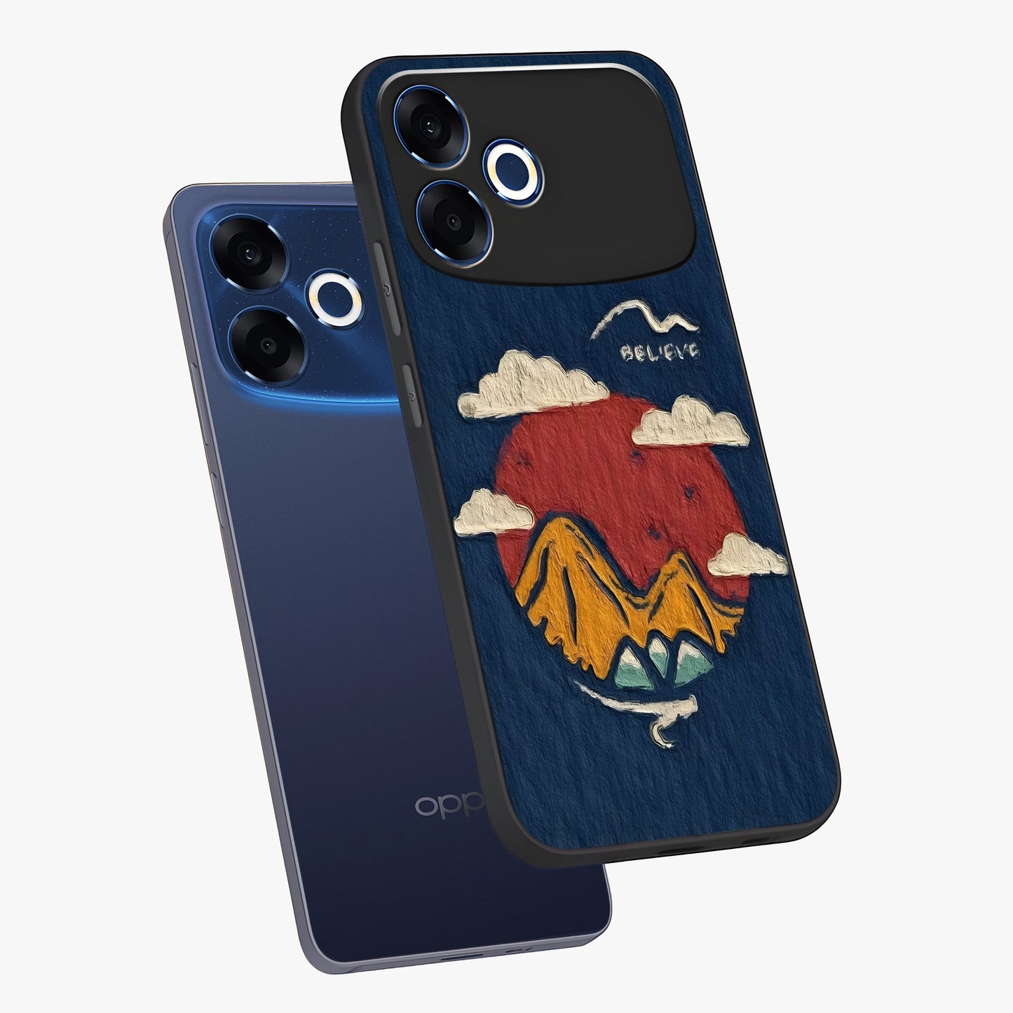 Dream Beyond Mountains Glass Case displayed in angled mockup highlighting dreamy mountain illustration with peaceful aesthetic.