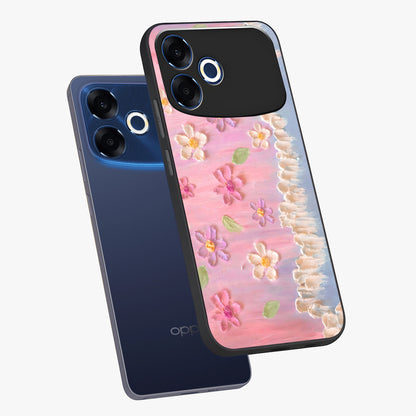 Dreamy Painted Garden Glass Case displayed in angled mockup highlighting colorful garden illustration with dreamy aesthetic style.