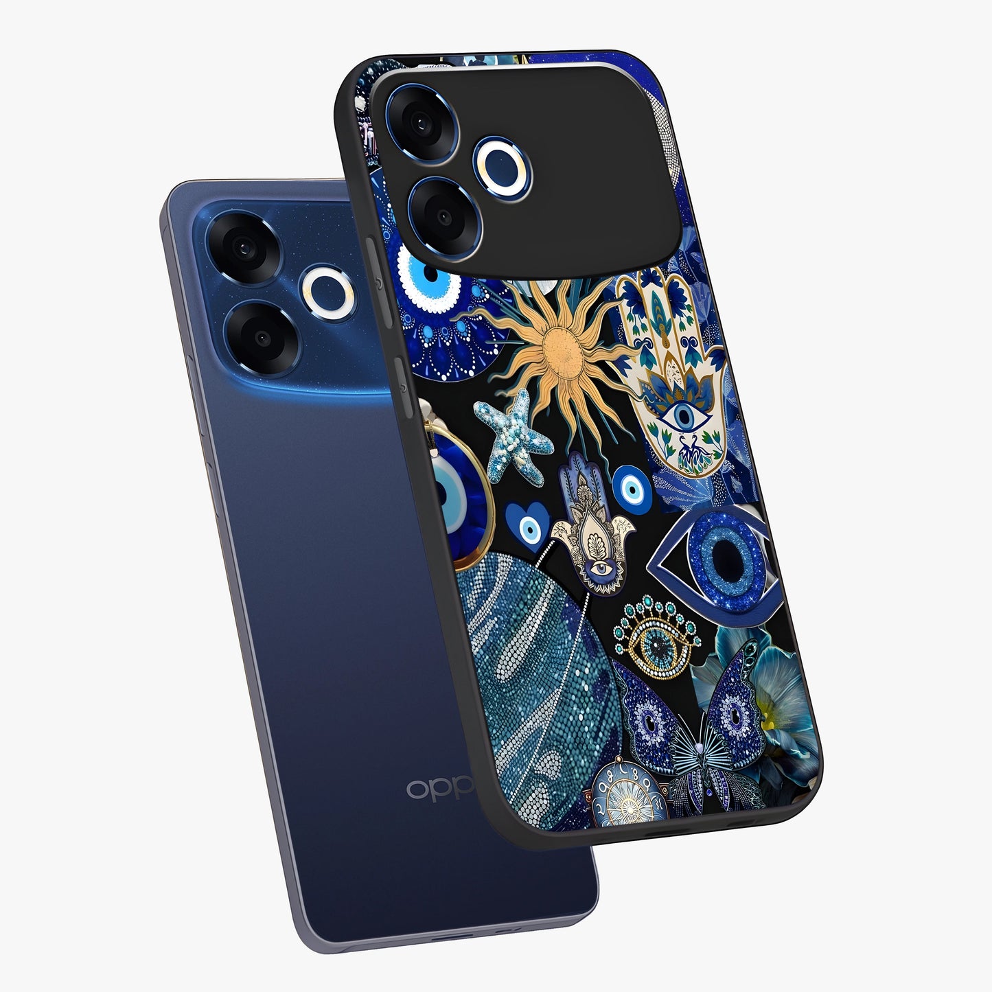 Evil Eye Charm Mix Glass Case displayed in angled mockup highlighting protective evil eye symbols with spiritual aesthetic design.