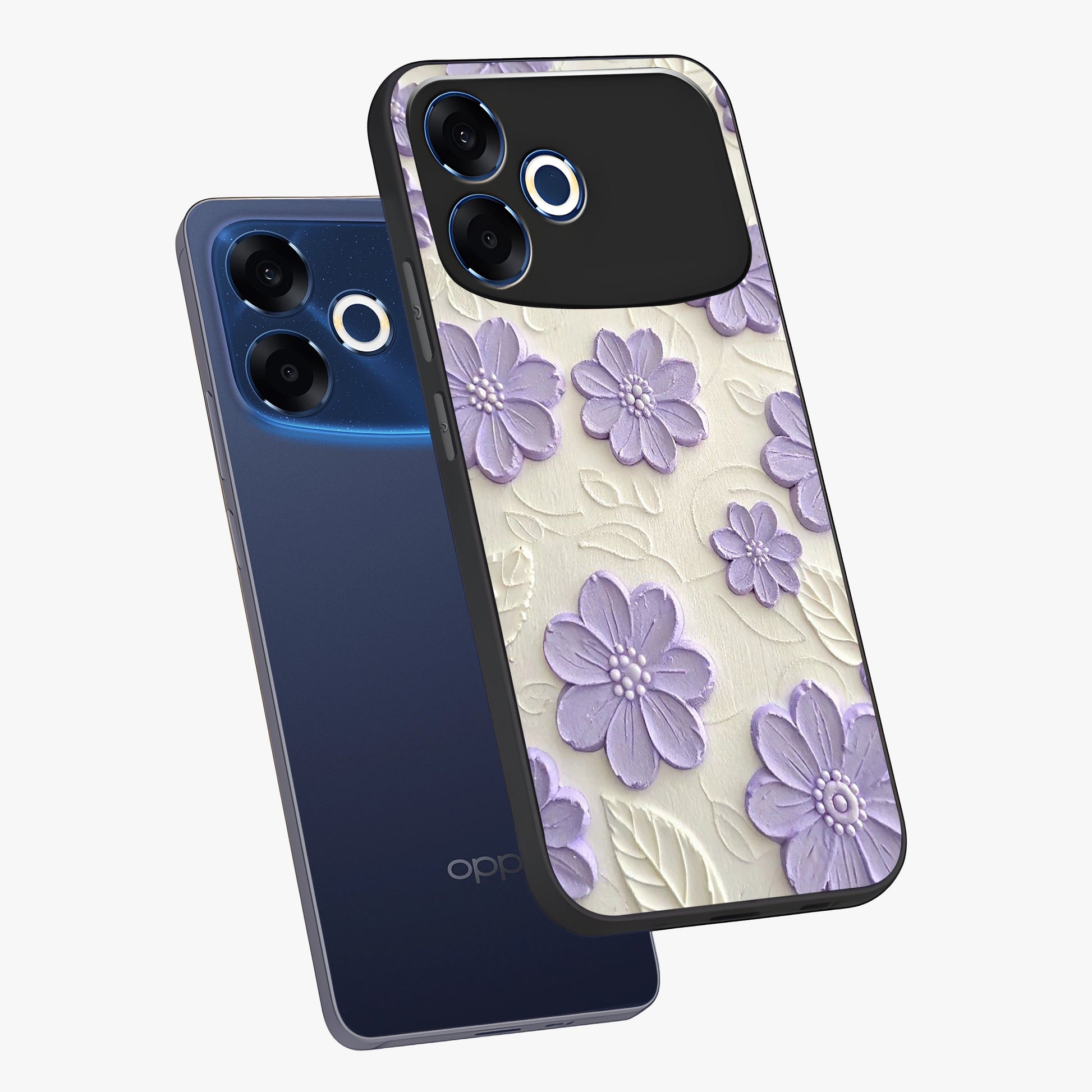 Floral Wall Art With Purple Flowers Glass Case displayed in angled mockup highlighting vibrant purple floral illustration with artistic aesthetic.