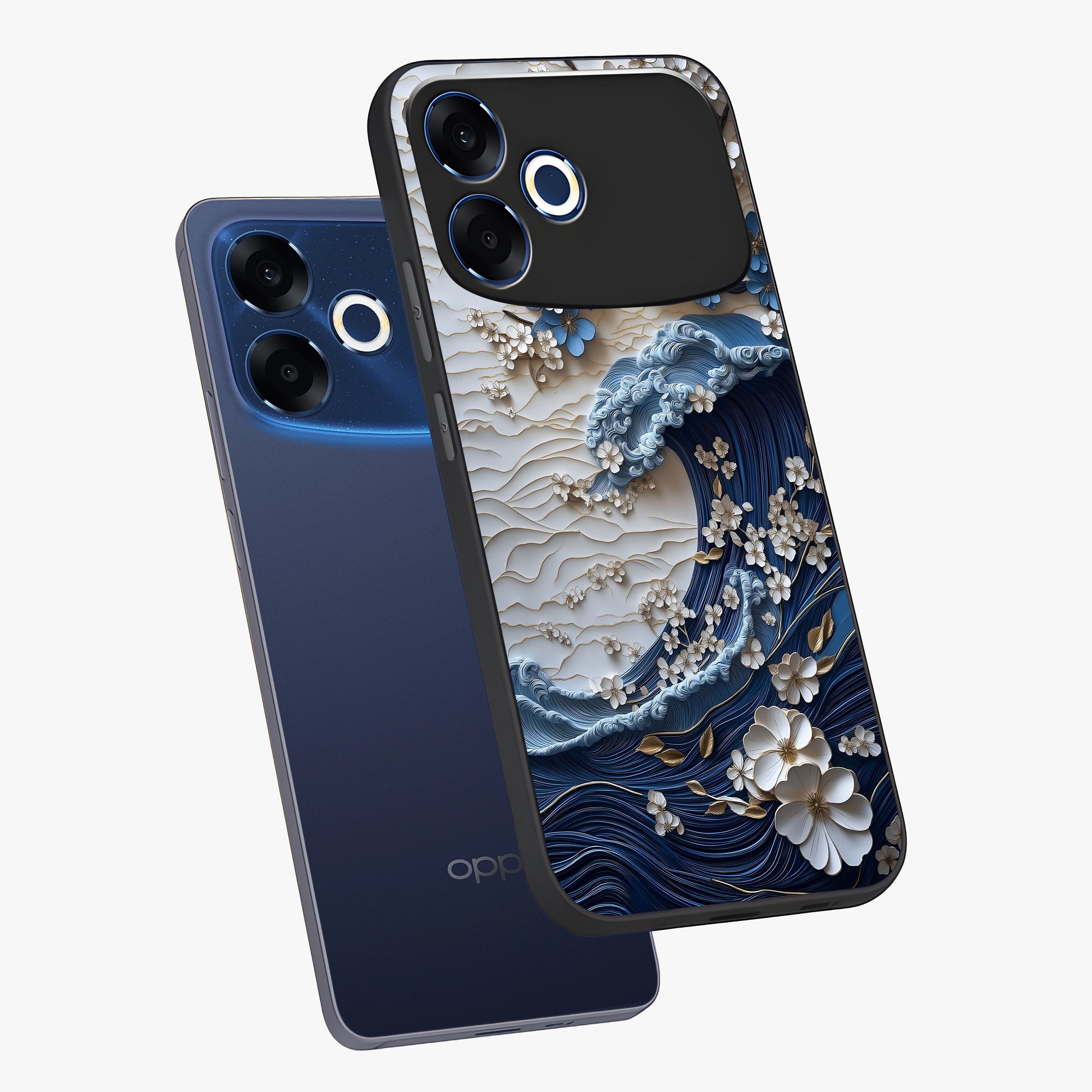 Floral Wave Origami Glass Case displayed in angled mockup highlighting geometric origami flower design with modern aesthetic style.
