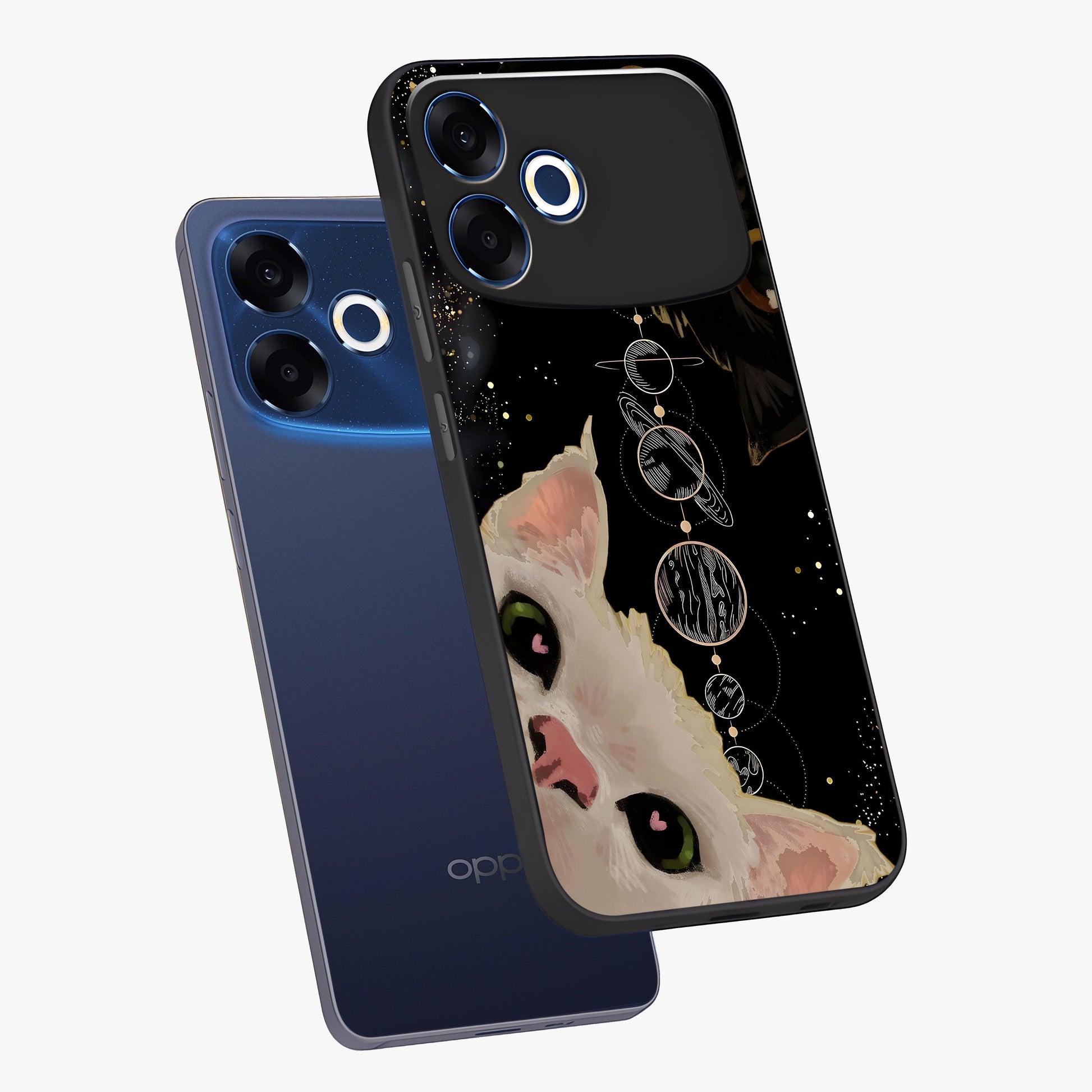 Galactic Cat Glass Case displayed in angled mockup highlighting celestial feline illustration with galaxy aesthetic style.