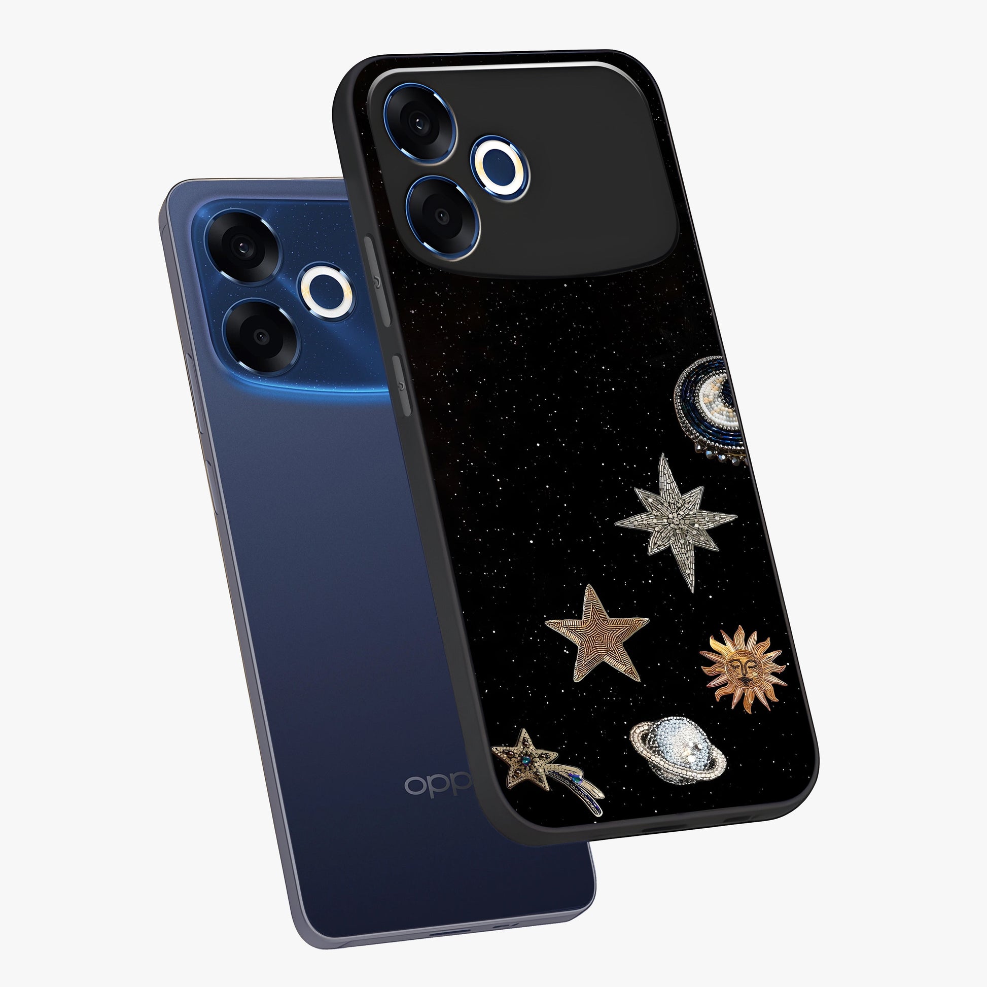 Galactic Charm Glow Glass Case displayed in angled mockup highlighting luminous galaxy inspired design with dreamy aesthetic.